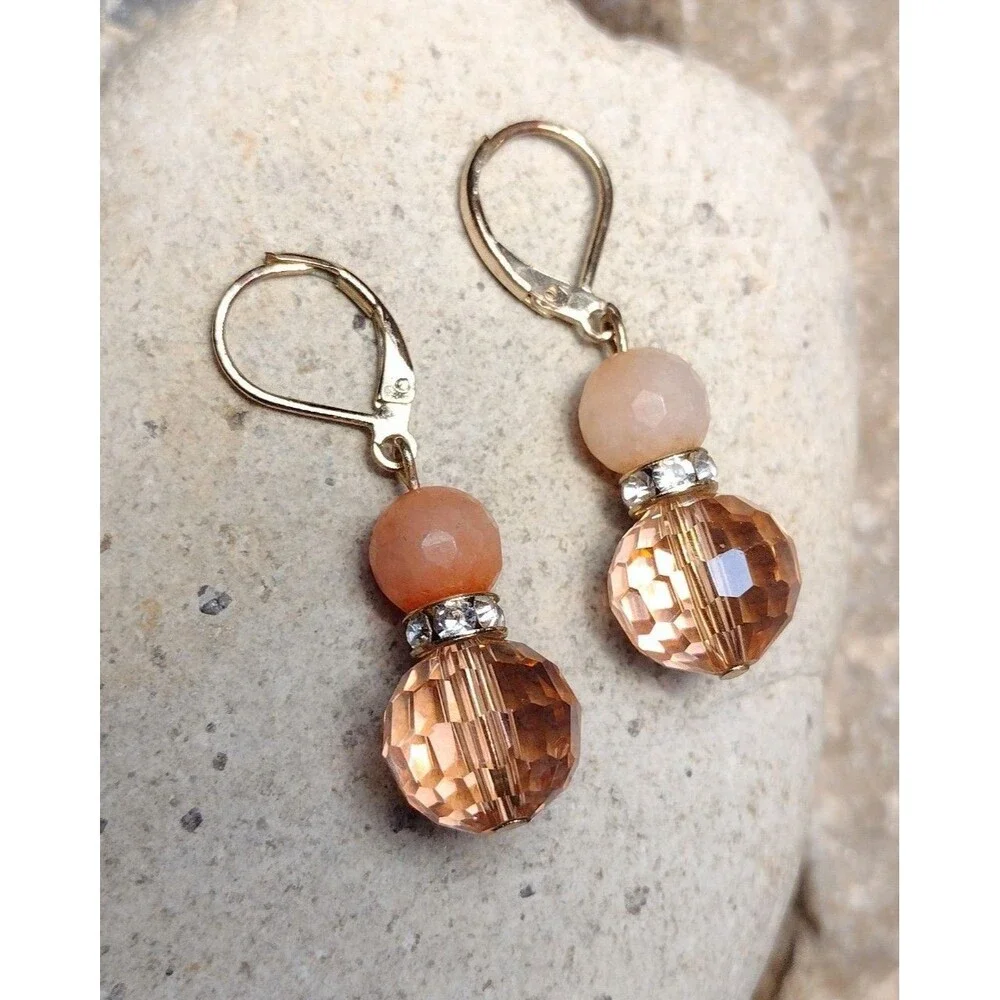 Vintage Peach Quartz Crystal Gold tone Dangle Earrings